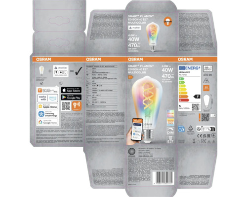 Förpackning för en Osram Smart Filament Edison 40 E27 Multicolor-lampa med information om funktioner, kompatibilitet och tekniska data