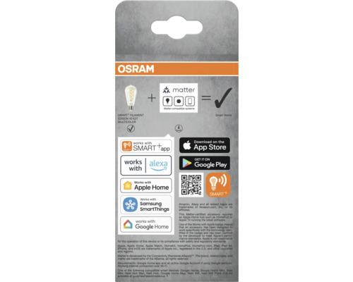Osram Smart Filament Edison 40 E27 Multicolor Förpackningsinformation om Matter-kompatibla system och Smart Home-integration
