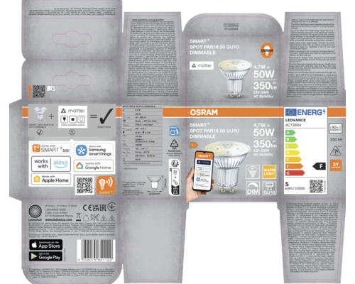 Förpackning för en dimbar Osram Smart+ Spot PAR16 50 GU10 LED-lampa