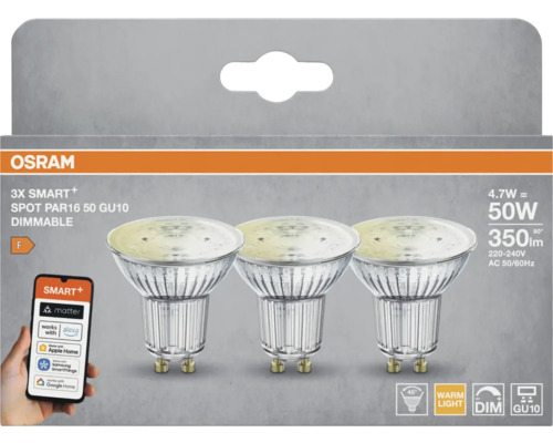 Osram 3-pack Smart+ LED-spotlights PAR16 50 GU10, dimbara