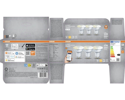Förpackning med Osram 3-pack Smart+ Spot PAR16 50 GU10 dimbar
