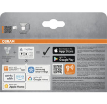 Osram Smart Spot PAR16 50 GU10 dimbar förpackning med information om kompatibilitet med Matter, Smart Home-system, Smart App, Samsung SmartThings, Alexa, Google Home och Apple Home
