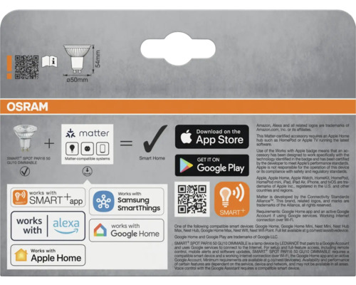 Osram Smart Spot PAR16 50 GU10 dimbar förpackning med information om kompatibilitet med Matter, Smart Home-system, Smart App, Samsung SmartThings, Alexa, Google Home och Apple Home