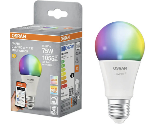Osram Smart Plus Classic A 75 E27 flerfärgad LED-lampa och förpackning