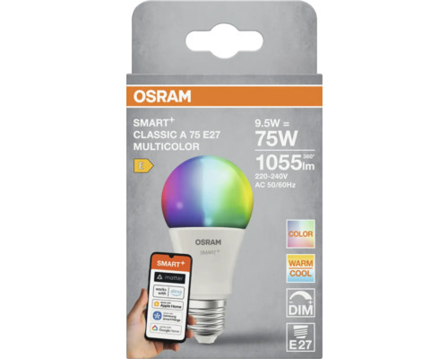 Osram Smart Plus Classic A 75 E27 Multicolor-lampa i förpackning