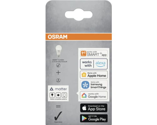 Osram Smart+ Classic A 75 E27 Multicolor produktförpackning med Smart Home-kompatibilitetssymboler