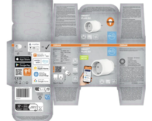 Förpackning för en Osram Smart+-kontakt för EU med Matter-stöd och appstyrning.