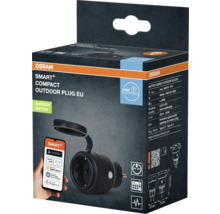 Osram Smart+ Kompakt utomhuskontakt EU i produktförpackning, stöder Matter, Alexa, Apple Home, Samsung SmartThings och Google Home