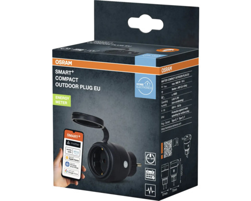 Osram Smart+ Kompakt utomhuskontakt EU i produktförpackning, stöder Matter, Alexa, Apple Home, Samsung SmartThings och Google Home