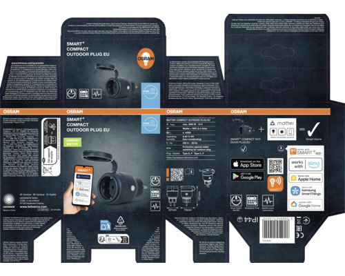 Förpackning för ett Osram Smart+ Compact utomhusuttag för EU.