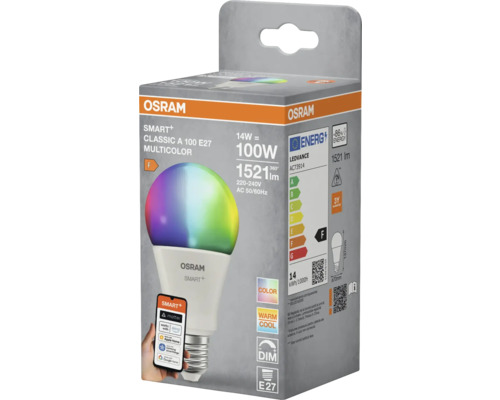 Osram Smart Plus Classic A 100 E27 multicolor LED-lampa i förpackning