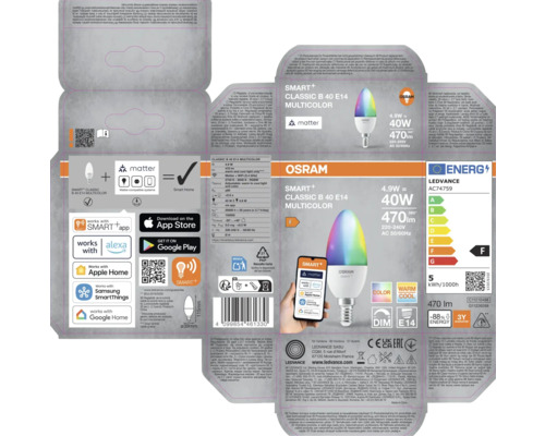LEDVANCE Smart+ Classic B 40 E14 Multicolor lampa