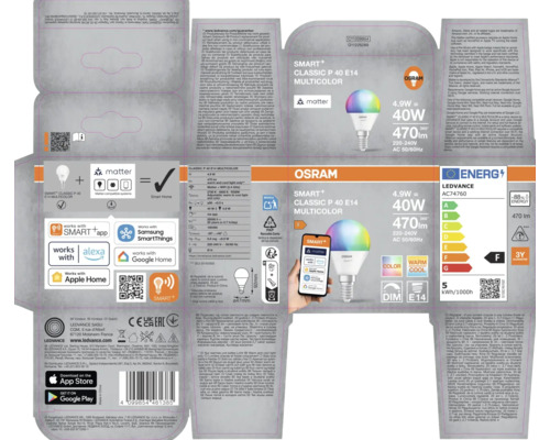 Förpackning för en Osram Smart+ Classic P 40 E14 Multicolor lampa, kompatibel med Smart Home-system