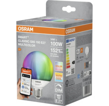Osram Logo. Förpackning av en Osram Smart+ Classic G95 100 E27 Multicolor lampa, som är kompatibel med Alexa, Apple Home, Samsung SmartThings och Google Home. Energieffektivitetsklass F.