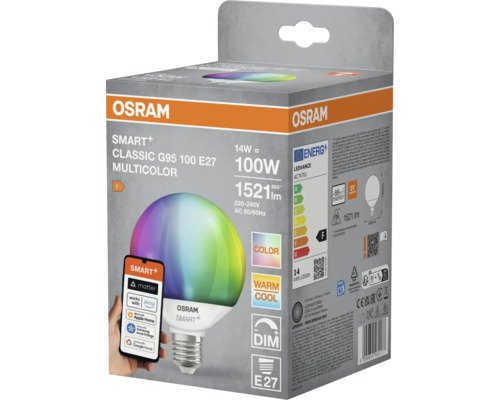 Osram Logo. Förpackning av en Osram Smart+ Classic G95 100 E27 Multicolor lampa, som är kompatibel med Alexa, Apple Home, Samsung SmartThings och Google Home. Energieffektivitetsklass F.