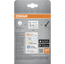 OSRAM SMART Classic G95 100 E27 Multicolor produktförpackning med information om Matter-kompatibilitet, Smart Home integration och appnedladdningar