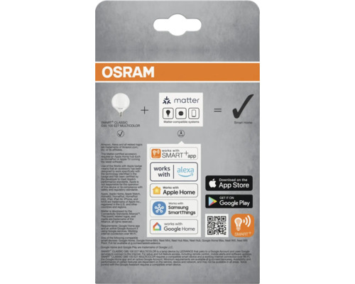 OSRAM SMART Classic G95 100 E27 Multicolor produktförpackning med information om Matter-kompatibilitet, Smart Home integration och appnedladdningar