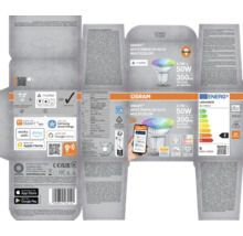 Förpackning för en Osram Smart+ Spot PAR16 50 GU10 Multicolor-lampa med Matter-kompatibilitet och Smart Home-integration