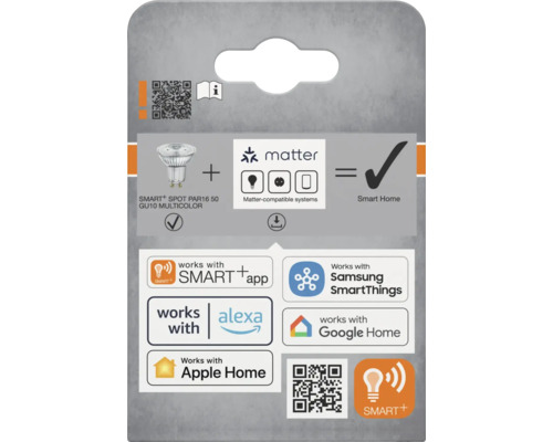 SMART+ Spot PAR16 50 GU10 Multicolor produktförpackning med Matter-kompatibilitet och stöd för Smart Home-system