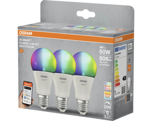 Osram 3-pack Smart+ Classic A 60 E27 Multicolor LED-lampa i en förpackning