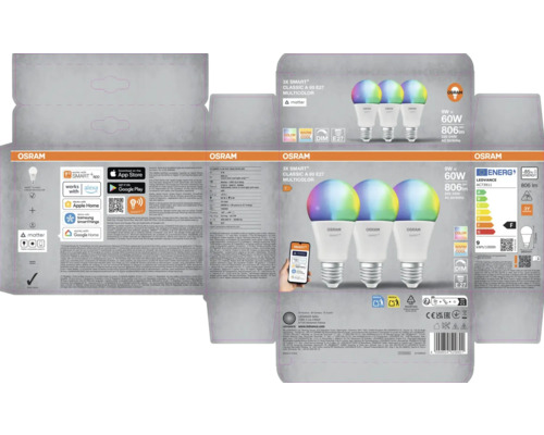 Förpackning med Osram 3-pack Smart Multicolor E27 LED-lampor