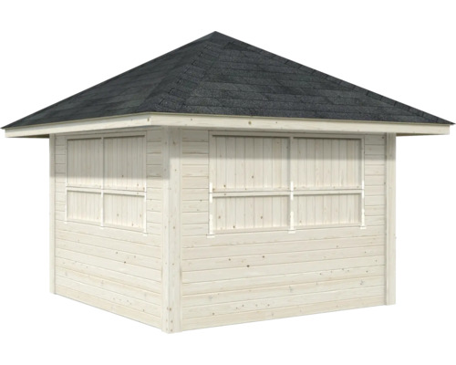 Trädgårdshus i trä med spetsigt tak