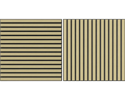 Två träpaneler med olika avstånd mellan ribborna för väggbeklädnad