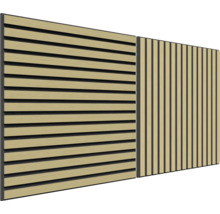 Två paneler med trälameller för vägg- eller takbeklädnad.