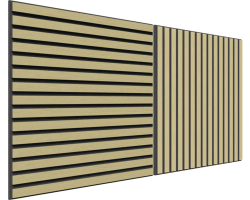 Två paneler med trälameller för vägg- eller takbeklädnad.