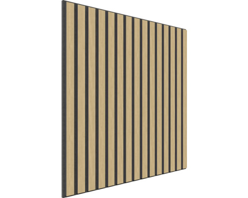 Akustikpanel med trälameller och mörk filt