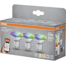 Osram 3-pack smart, flerfärgade PAR16 50 GU10 LED-spotlights i produktförpackning