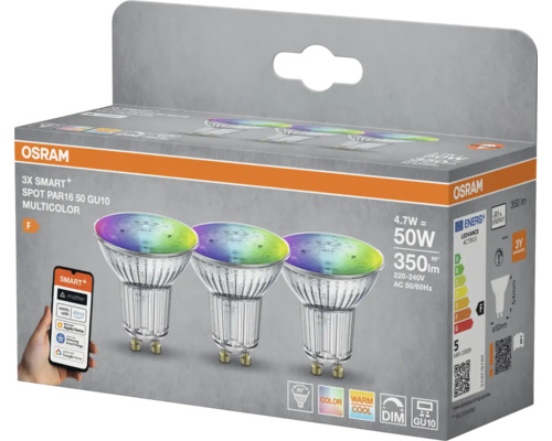 Osram 3-pack smart, flerfärgade PAR16 50 GU10 LED-spotlights i produktförpackning