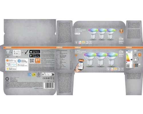 Förpackning med tre smarta Osram GU10 Multicolor-lampor