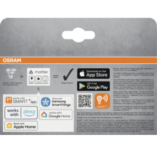 Osram Smart Home produktinformation med Matter-kompatibilitet, App Store och Google Play logotyper