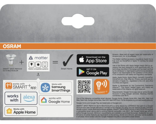 Osram Smart Home produktinformation med Matter-kompatibilitet, App Store och Google Play logotyper