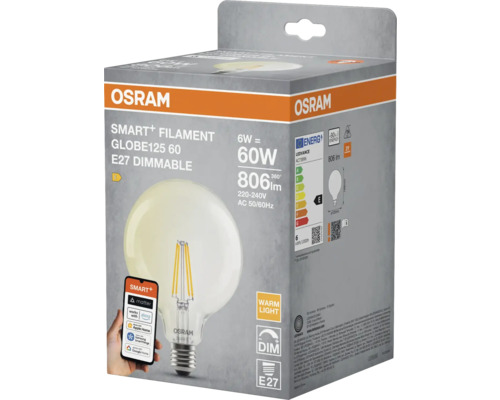 Osram Smart+ Filament Globe125 60 E27 dimbar LED-lampa i förpackning