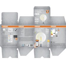 Förpackning för en Osram Smart Filament Globe 125 60 E27 dimbar glödlampa med Matter-logotyp
