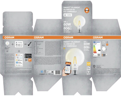Förpackning för en Osram Smart Filament Globe 125 60 E27 dimbar glödlampa med Matter-logotyp