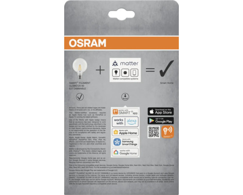 Osram Smart+ Filament Globe125 60 E27 dimbar lampa, kompatibel med Matter och Smart Home-system