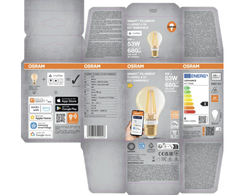 Förpackning för en Osram Smart Filament Classic A 53 E27 dimbar lampa