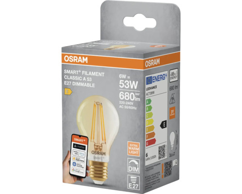 Osram Smart Filament Classic A 53 E27 dimbar LED-lampa i produktförpackning