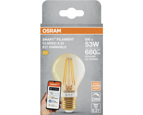 Osram Smart+ Filament Classic A 53 E27 dimbar glödlampa i förpackning.