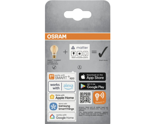 Osram Smart Filament Classic A 53 E27 dimbar förpackning med logotyper och information om kompatibilitet