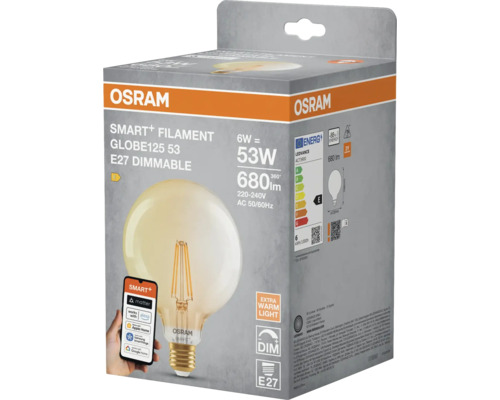 Förpackning för en Osram Smart+ Filament Globe125 53 E27 dimbar lampa