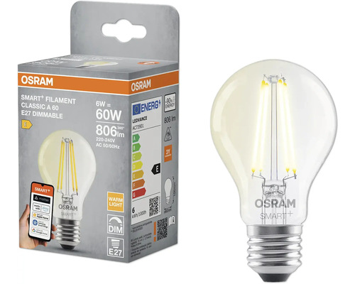 Osram Smart Filament Classic A 60 E27 dimbar glödlampa och förpackning