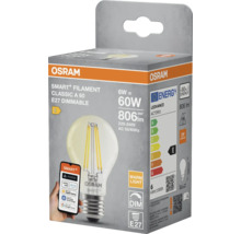 Förpackning med en Osram Smart+ Filament Classic A 60 E27 dimbar glödlampa