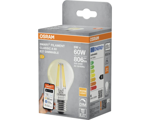 Förpackning med en Osram Smart+ Filament Classic A 60 E27 dimbar glödlampa