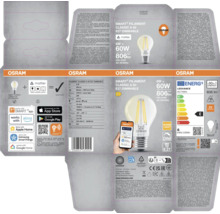 Förpackning för en Osram Smart Filament Classic A 60 E27 dimbar glödlampa med Matter-logotyp