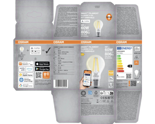 Förpackning för en Osram Smart Filament Classic A 60 E27 dimbar glödlampa med Matter-logotyp