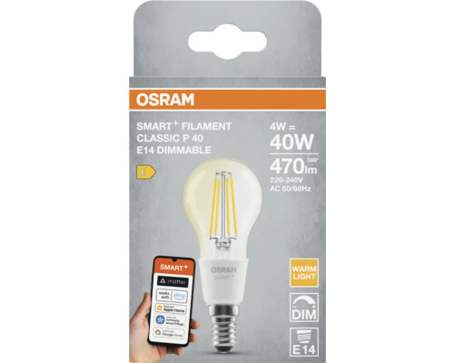 Osram Smart Filament Classic P 40 E14 dimbar glödlampa med Matter-logotyp